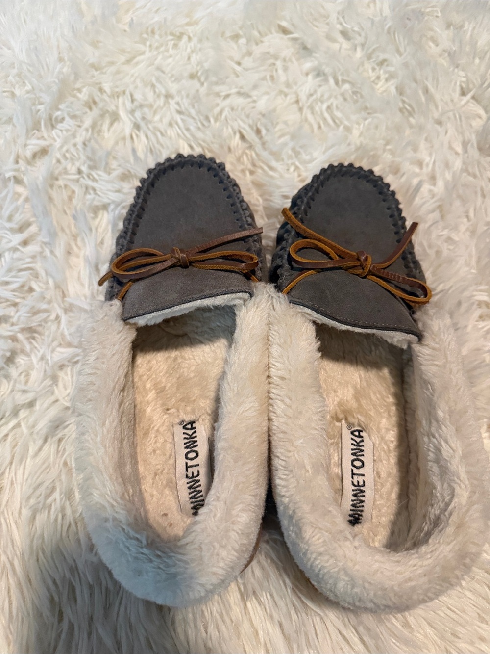 Minnetonka Grey Suede Moccasins with Tan Bow
